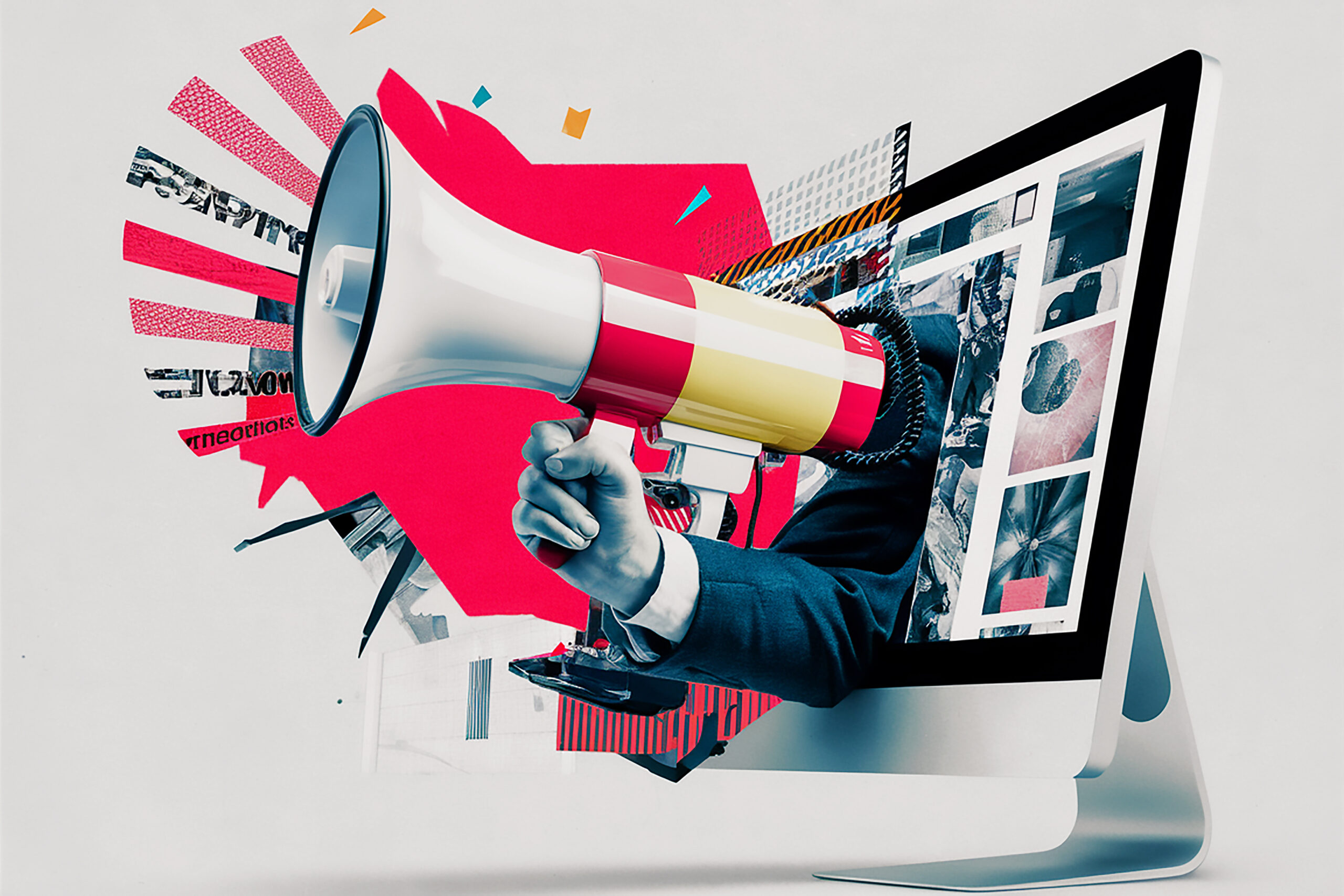 man holding megaphone front laptop with man holding megaphone his hand scaled